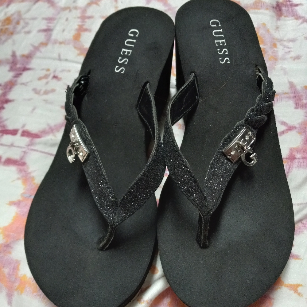 Womans black "Guess" high heel flip flop wedge Sandles